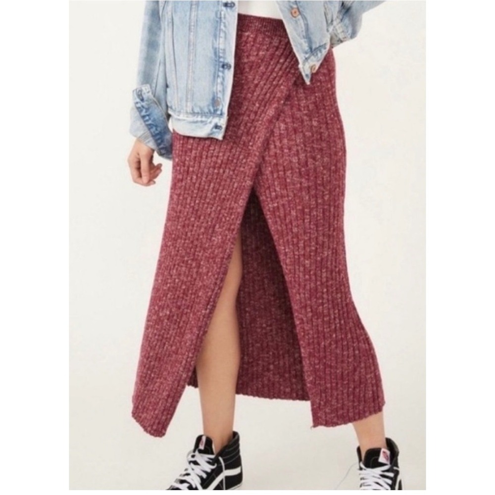 Free People Ribbed Knit Maxi Skirt‎ Burgundy Marl Cotton Blend Size S New